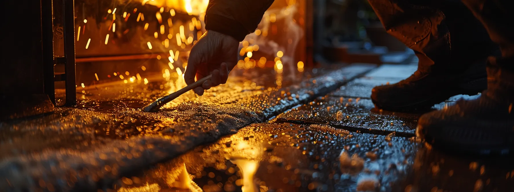 a person carefully cleaning the inside of a south coast fireplace with a long brush.