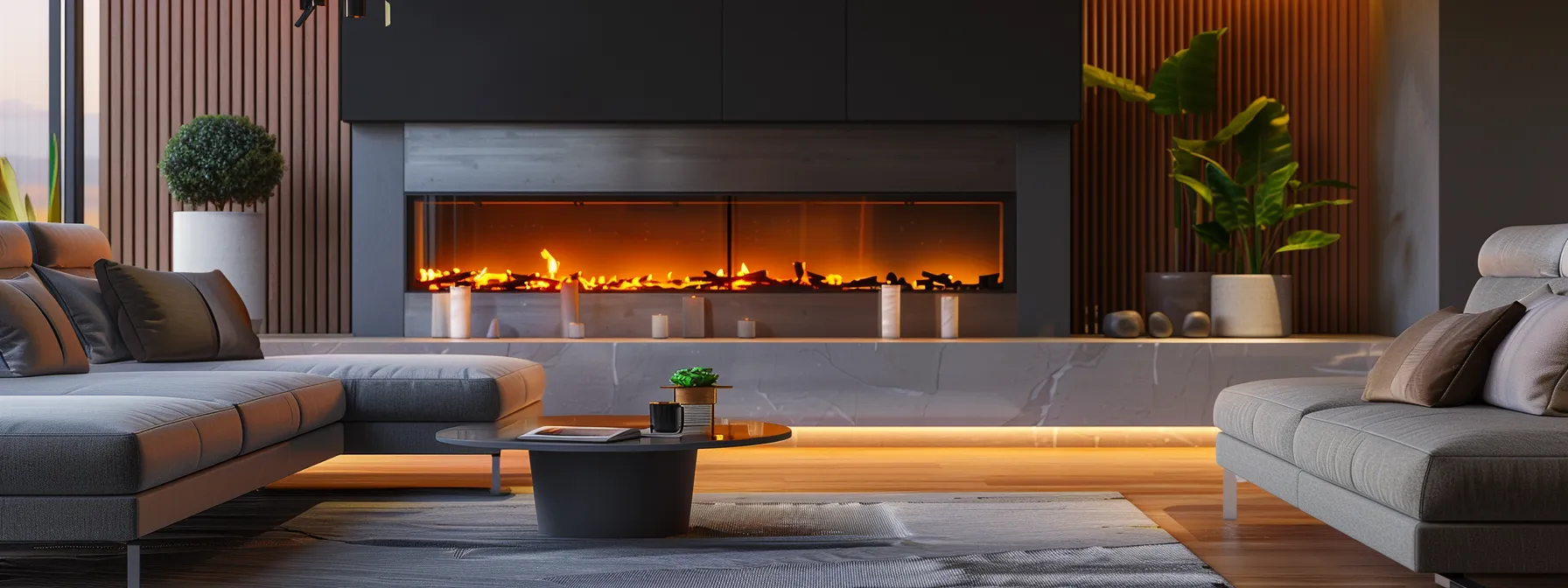 a modern fireplace with sleek design and eco-friendly features in a cozy living room setting.
