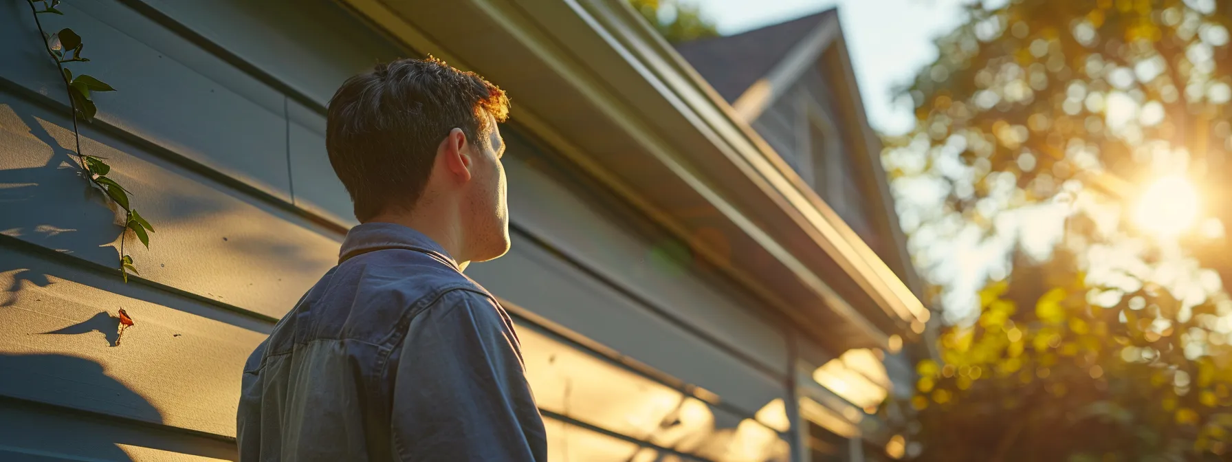 homeowner inspecting siding for damage.
