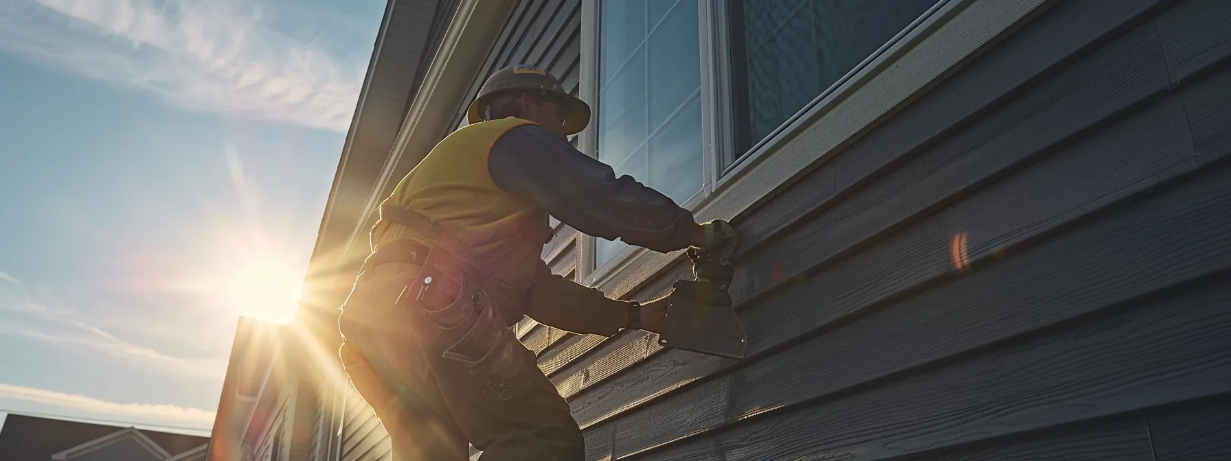 a worker carefully preparing the surface of a house for new siding installation.
