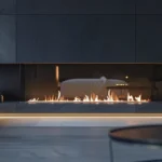 a sleek modern fireplace adjusting its flames automatically based on room temperature.