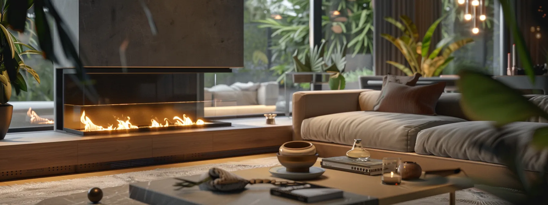 a cozy living room with a sleek and modern fireplace customized to fit the space and decor perfectly.