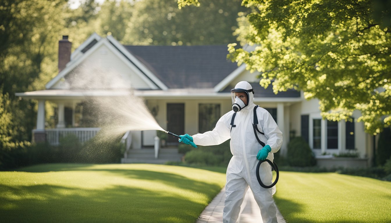 A pest control technician in Southern Ontario sprays pesticide around the perimeter of a residential home, while wearing protective gear