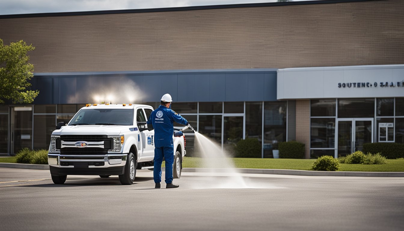 A technician in uniform sprays a commercial building exterior in Southern Ontario, with a logo-emblazoned truck parked nearby