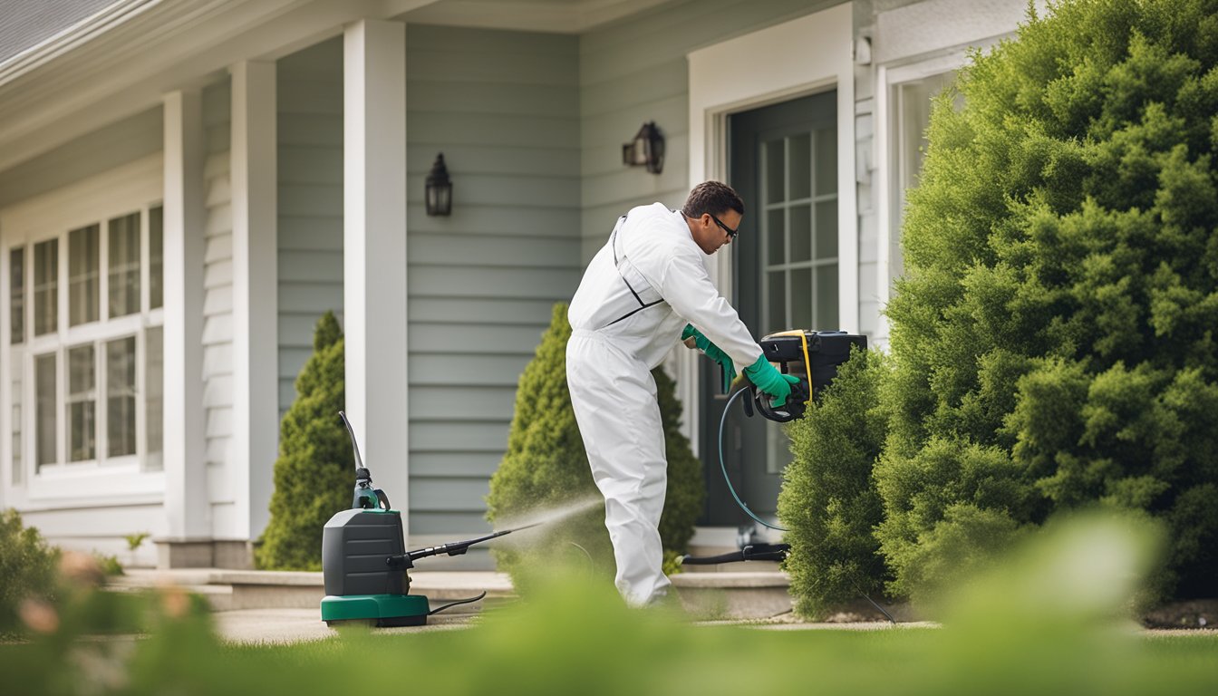 A pest control technician in Southern Ontario spraying a barrier around a home, while setting up traps and inspecting for potential entry points