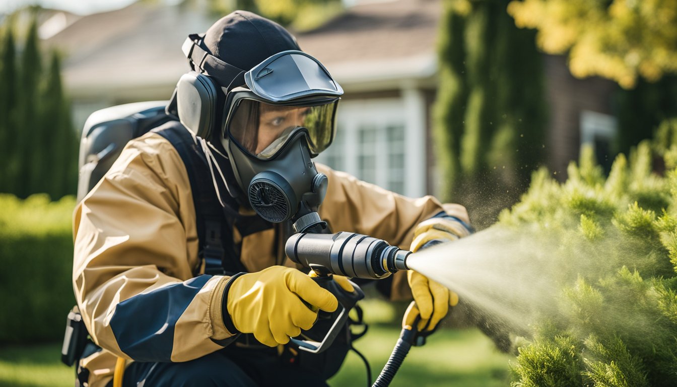 A pest control technician in Southern Ontario spraying insecticide around a residential property