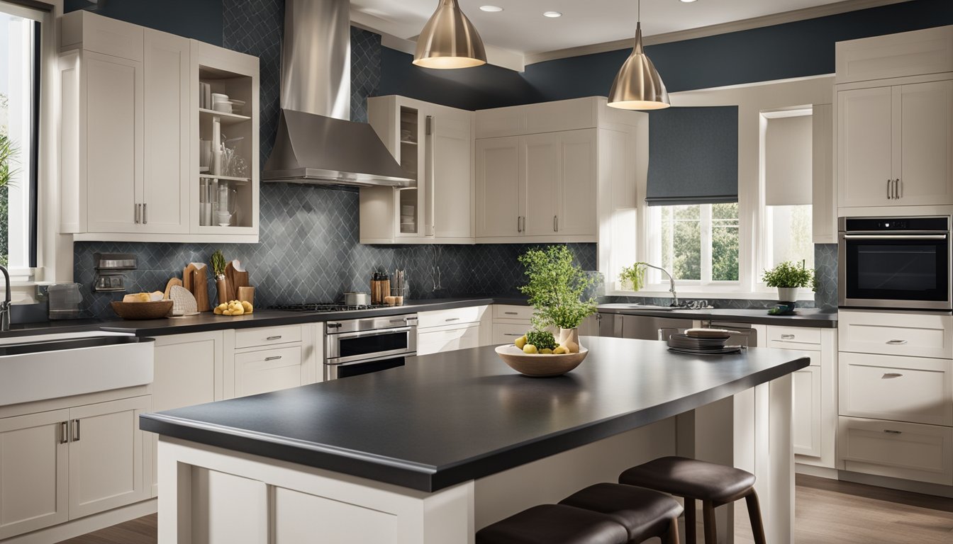 A spacious, modern kitchen with sleek appliances and ample counter space, bathed in natural light from large windows