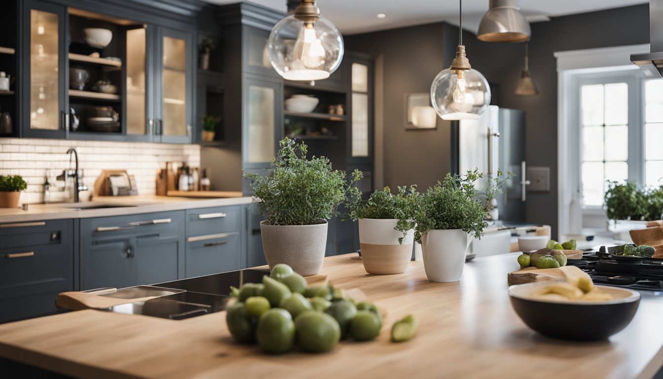 A kitchen renovation scene with various materials and appliances being chosen and arranged by a designer in Hamilton