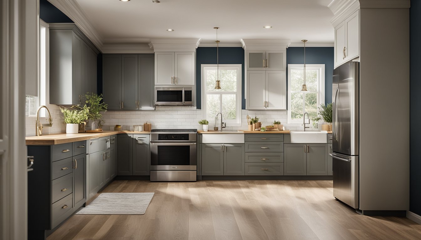 A kitchen being renovated in Hamilton, with workers installing new cabinets and countertops, while others are painting the walls and laying down new flooring