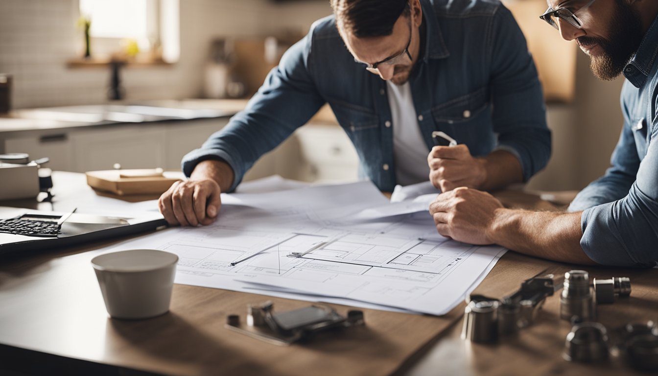 A contractor reviewing kitchen renovation plans in Hamilton, with tools and blueprints spread out on a table