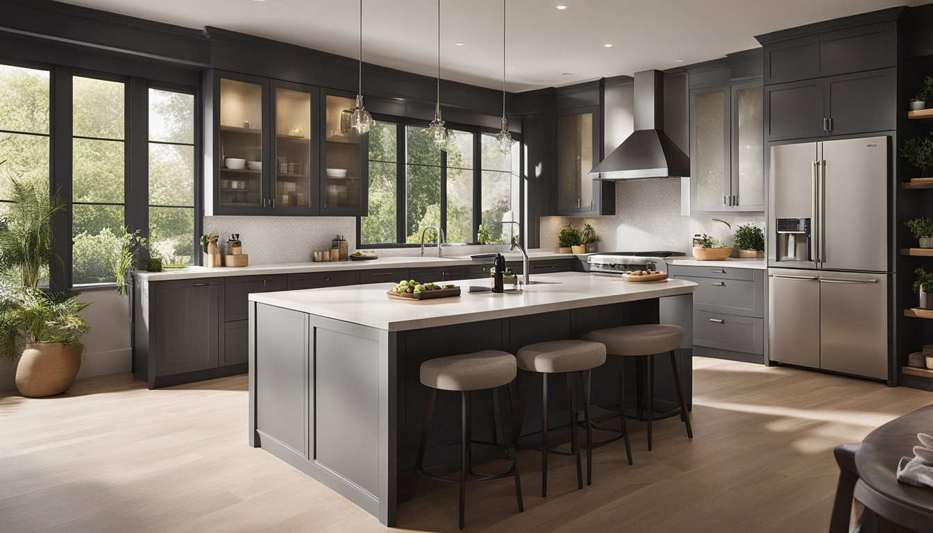 A modern kitchen with sleek appliances and ample counter space, bathed in natural light from large windows, overlooking a lush backyard garden in Hamilton