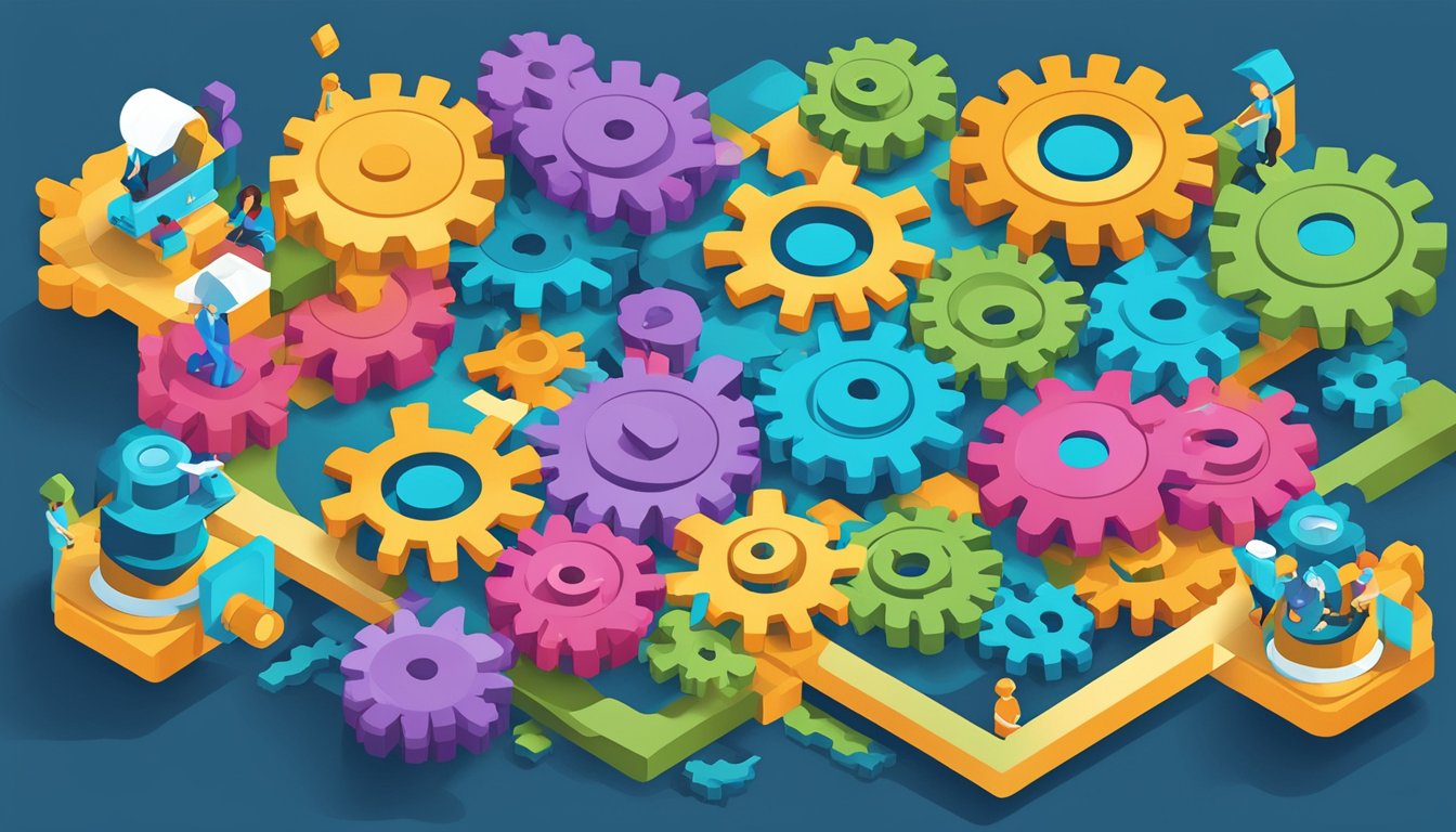 A web of interconnected gears and cogs, each representing a different factor in online visibility, from backlinks to reviews and beyond