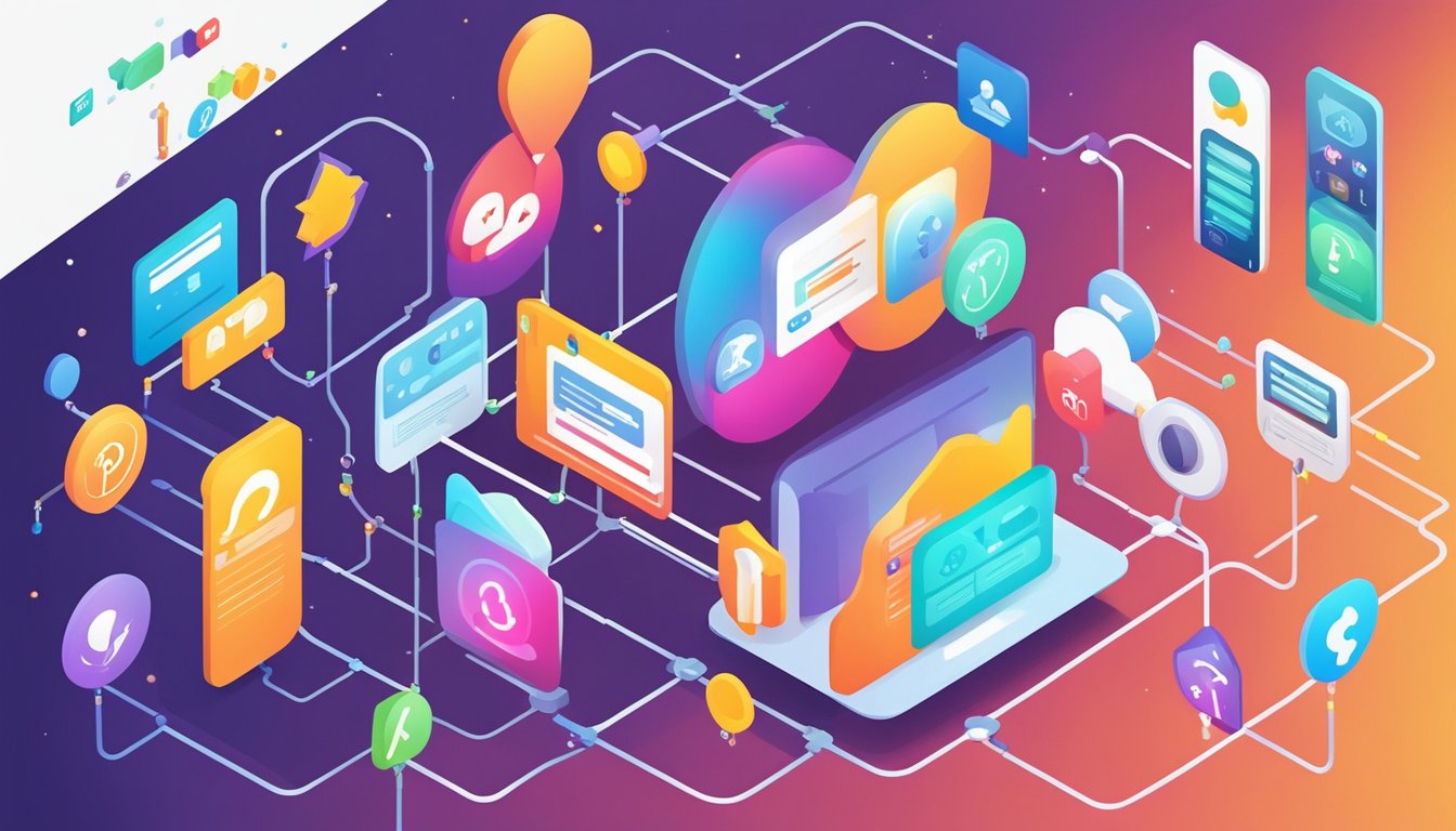 A website surrounded by a web of colorful backlinks, star ratings, and social media icons, all radiating outward towards a glowing spotlight