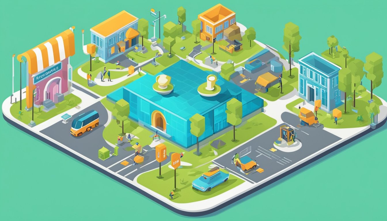 A website with backlinks, reviews, and business listings, surrounded by a map with location pins and local landmarks
