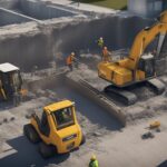 A crew repairs a cracked foundation in London, Ontario. Machinery and tools are scattered around the work site as workers reinforce the structure