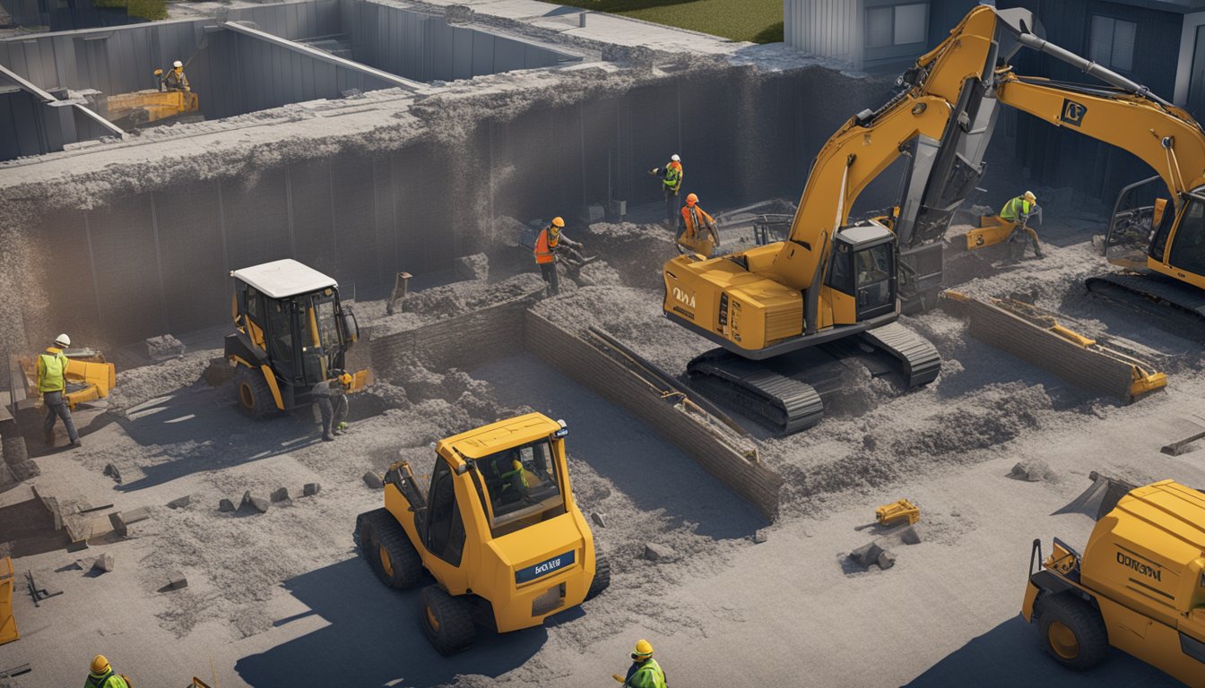 A crew repairs a cracked foundation in London, Ontario. Machinery and tools are scattered around the work site as workers reinforce the structure