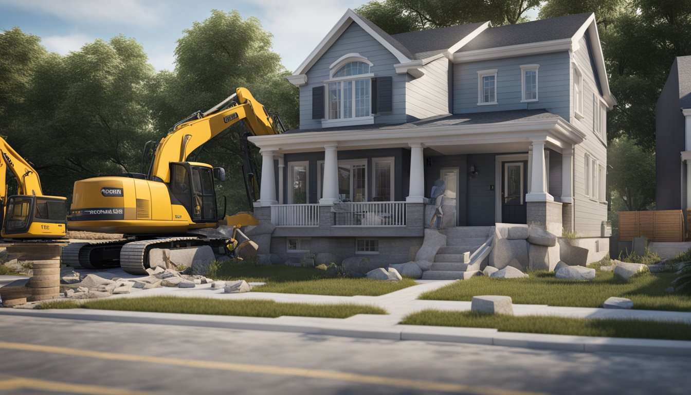 A house in London, Ontario with visible cracks and sinking in the foundation, surrounded by construction equipment and workers