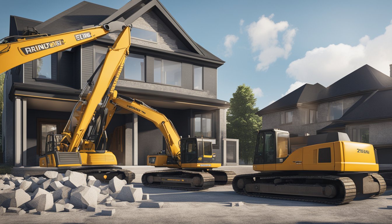 A house with visible cracks in the foundation, surrounded by construction equipment and workers in London, Ontario