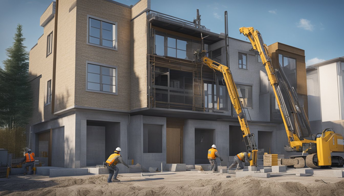 A crew uses hydraulic jacks to lift and stabilize a sinking foundation of a house in London, Ontario. They work on reinforcing the structure with steel piers and concrete