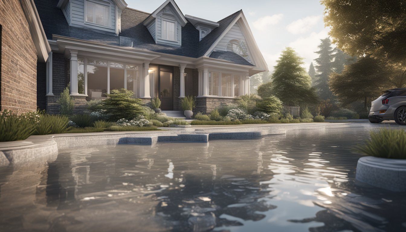 A house in London, Ontario with water pooling around the foundation, causing cracks and damage. Drainage issues are evident, with water seeping into the ground