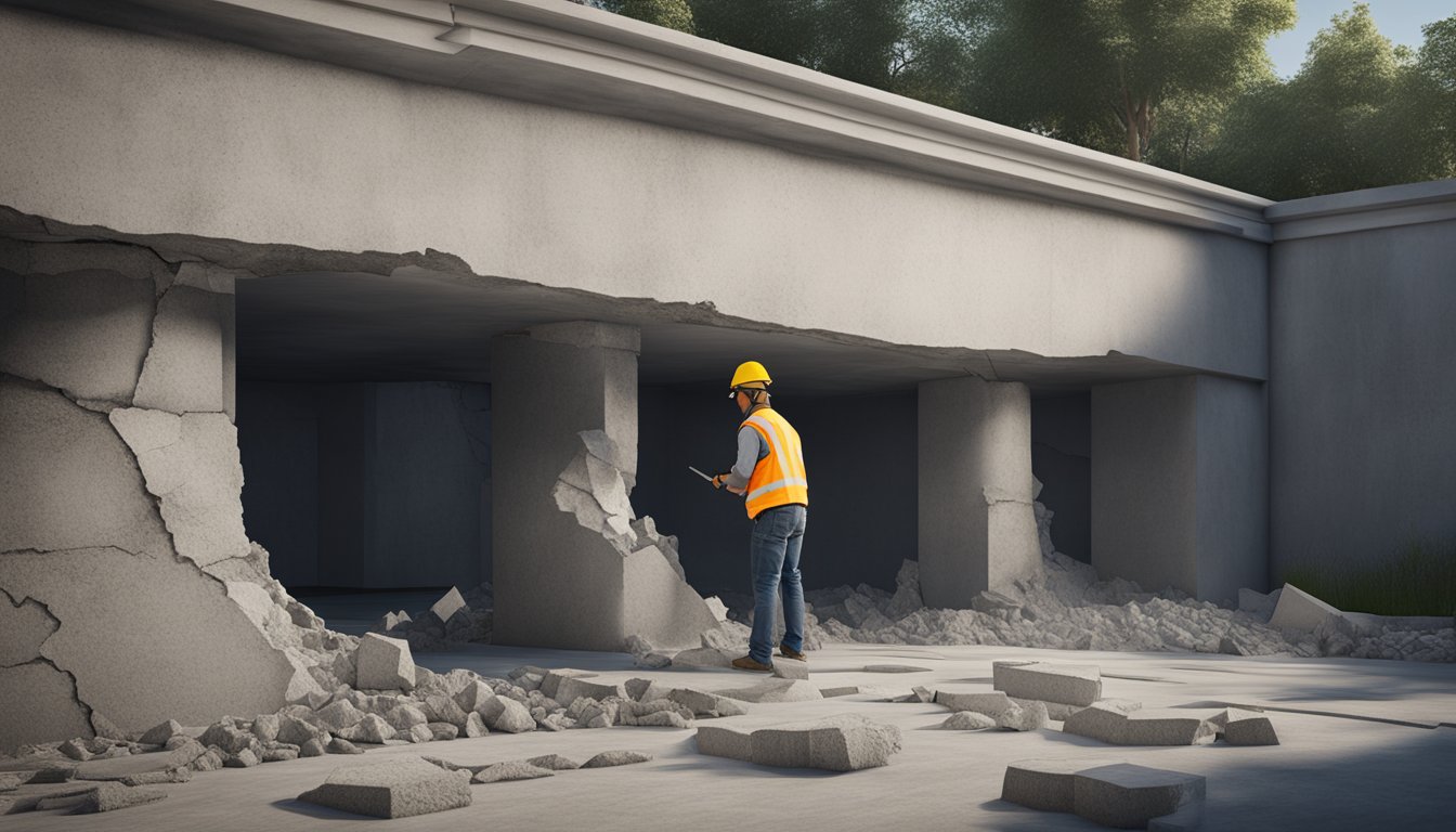 A foundation repair specialist examining a cracked and uneven concrete foundation in London, Ontario