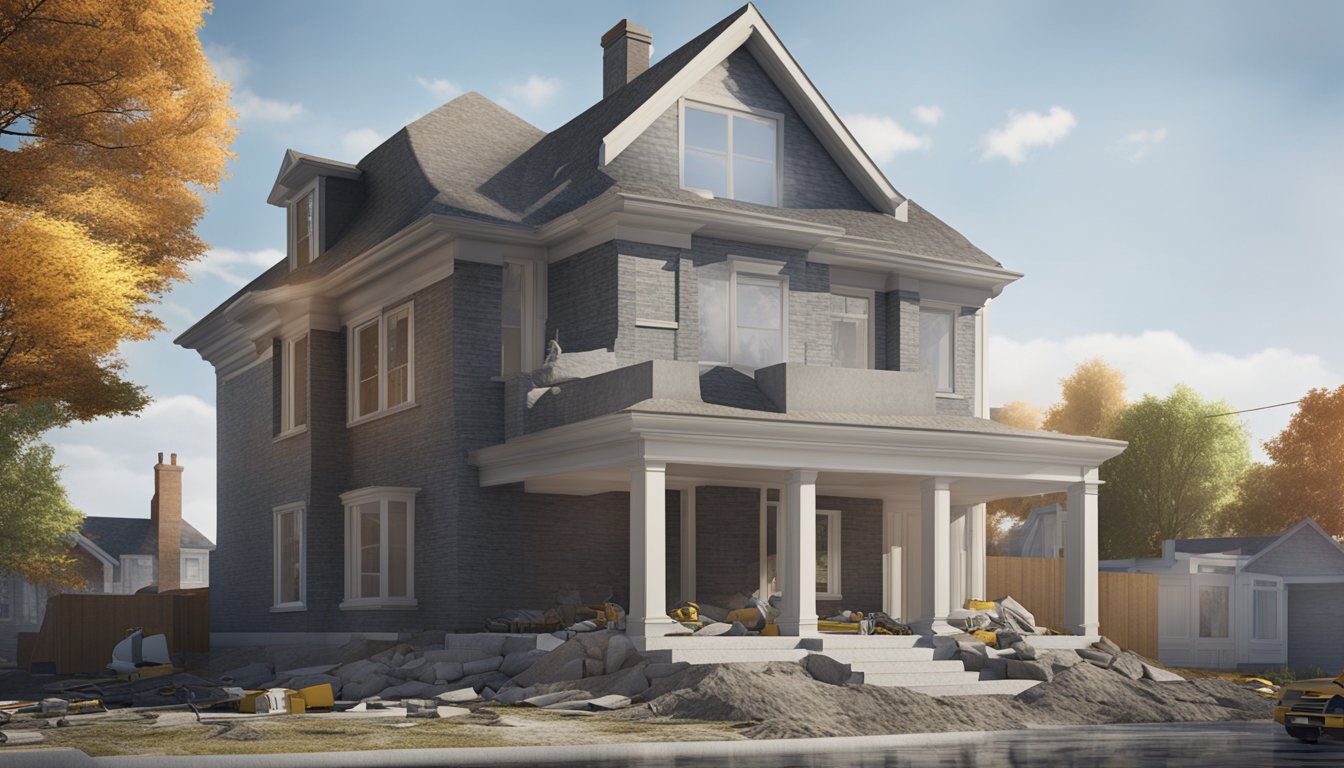 A house with a cracked foundation being repaired by workers in London, Ontario