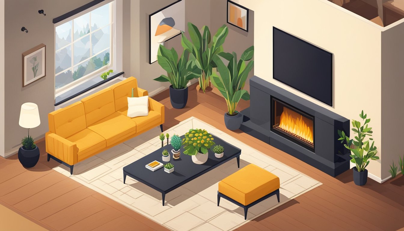 A cozy living room with a modern fireplace and radiant floor heating system, surrounded by sleek and stylish furniture, plants, and warm lighting