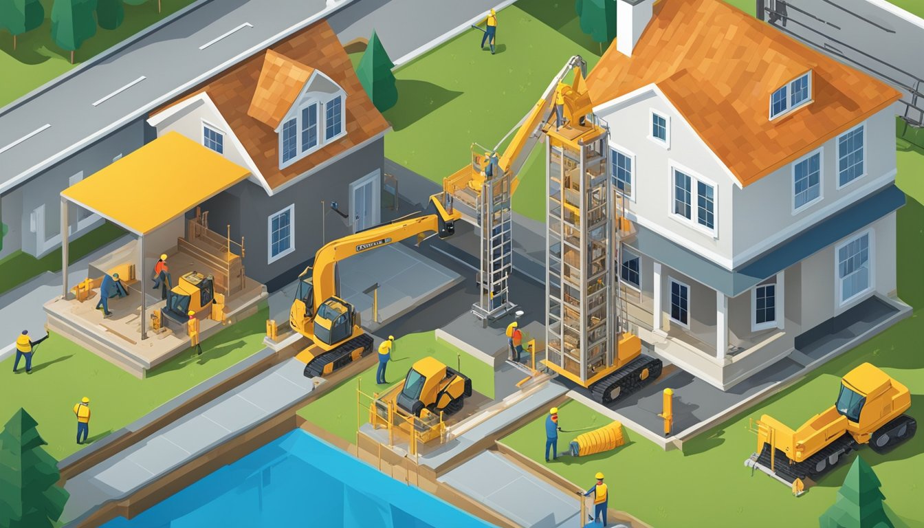 A house being lifted by hydraulic jacks, workers installing reinforcement beams, new foundation being poured, and updated plumbing and electrical systems
