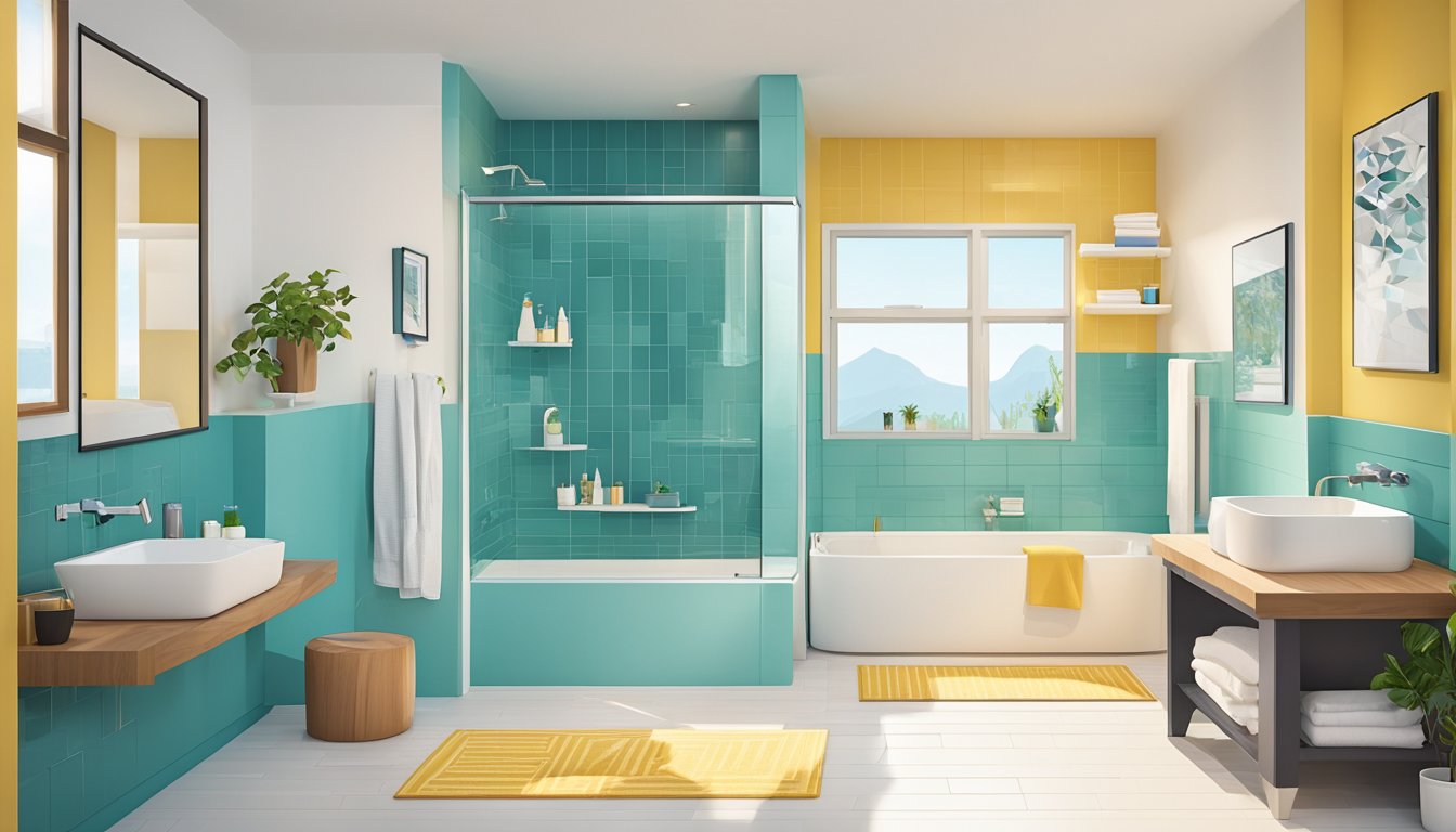 A modern, spacious bathroom with a sleek tankless water heater installed on the wall. The room is bright and inviting, with clean lines and contemporary fixtures