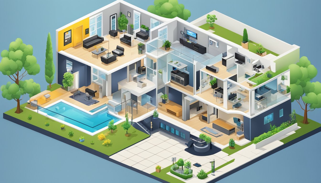 A modern home with updated security features: surveillance cameras, motion sensors, smart locks, and a central control panel