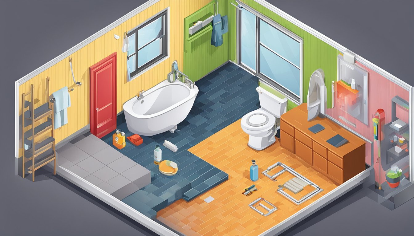 A home renovation scene with a smoke detector installed in the ceiling, a non-slip mat in the shower, a handrail on the stairs, and a fire extinguisher mounted on the wall