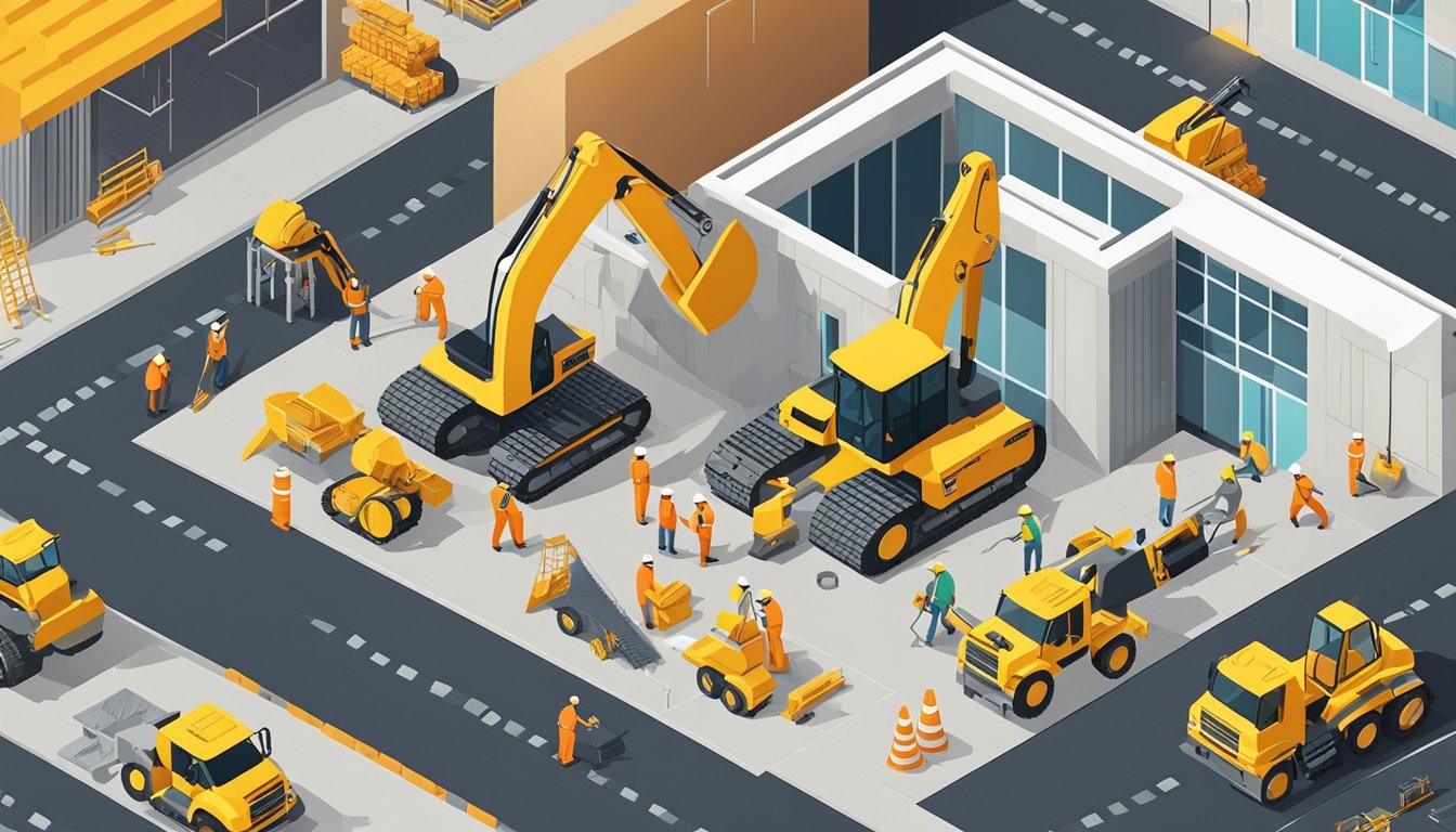 A construction site with workers using advanced tools and techniques to renovate a building, incorporating innovative safety features