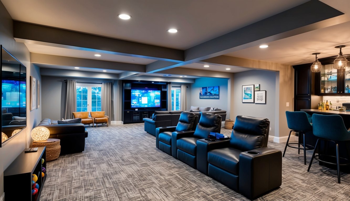 A cozy basement lounge with a home theater, game area, and stylish bar. Natural light streams in through large windows, illuminating the modern decor and creating a welcoming atmosphere