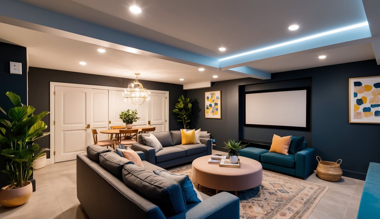 A cozy basement in Paris, Ontario with natural light, stylish furniture, and a home theater. Plants and artwork add warmth to the space