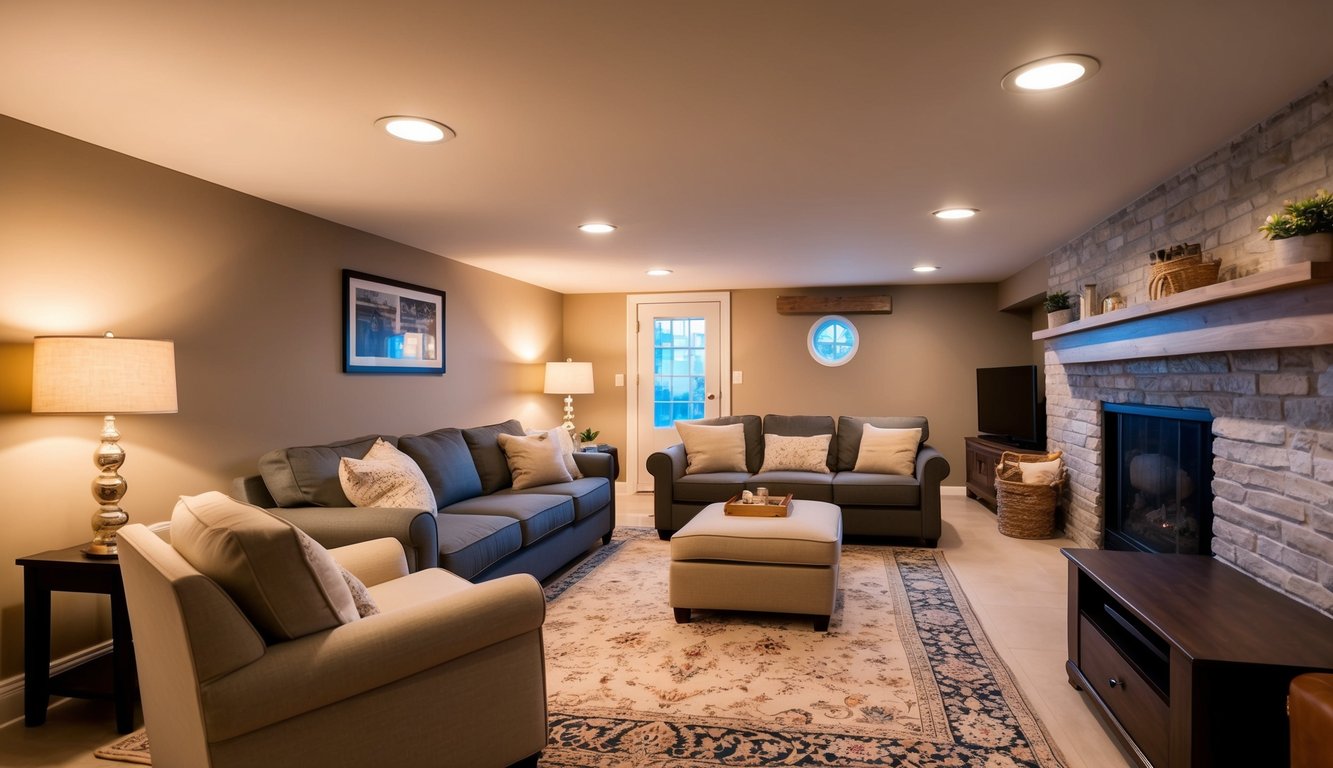 A cozy finished basement in Paris, Ontario, with soft lighting, comfortable furniture, and warm colors creating a welcoming and relaxing atmosphere
