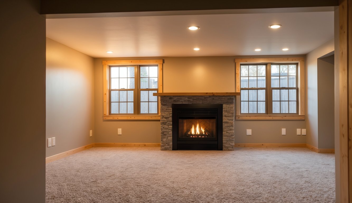 A cozy basement with a fireplace, insulated walls, and energy-efficient windows. Warm light illuminates the space, showcasing the potential for reduced heating costs