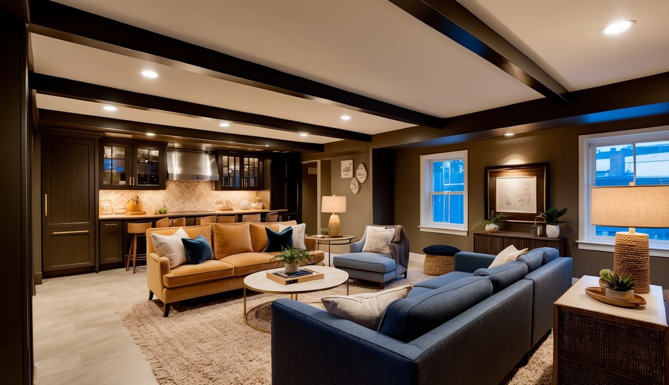 A cozy, finished basement in a Paris, Ontario home, complete with stylish furniture, warm lighting, and inviting decor