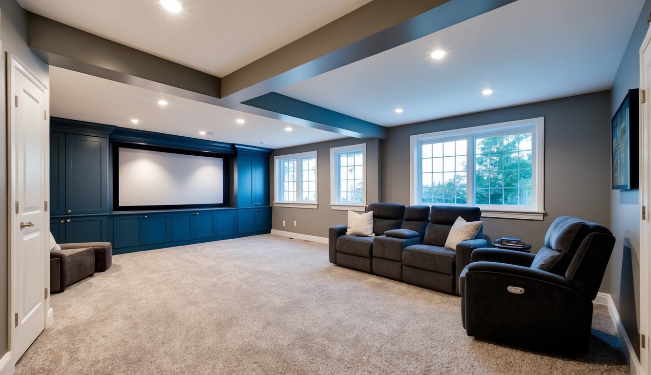 A finished basement in Paris, Ontario with cozy seating area, home theater, and stylish decor. Natural light streams in through large windows, showcasing the added living space and potential for increased property value