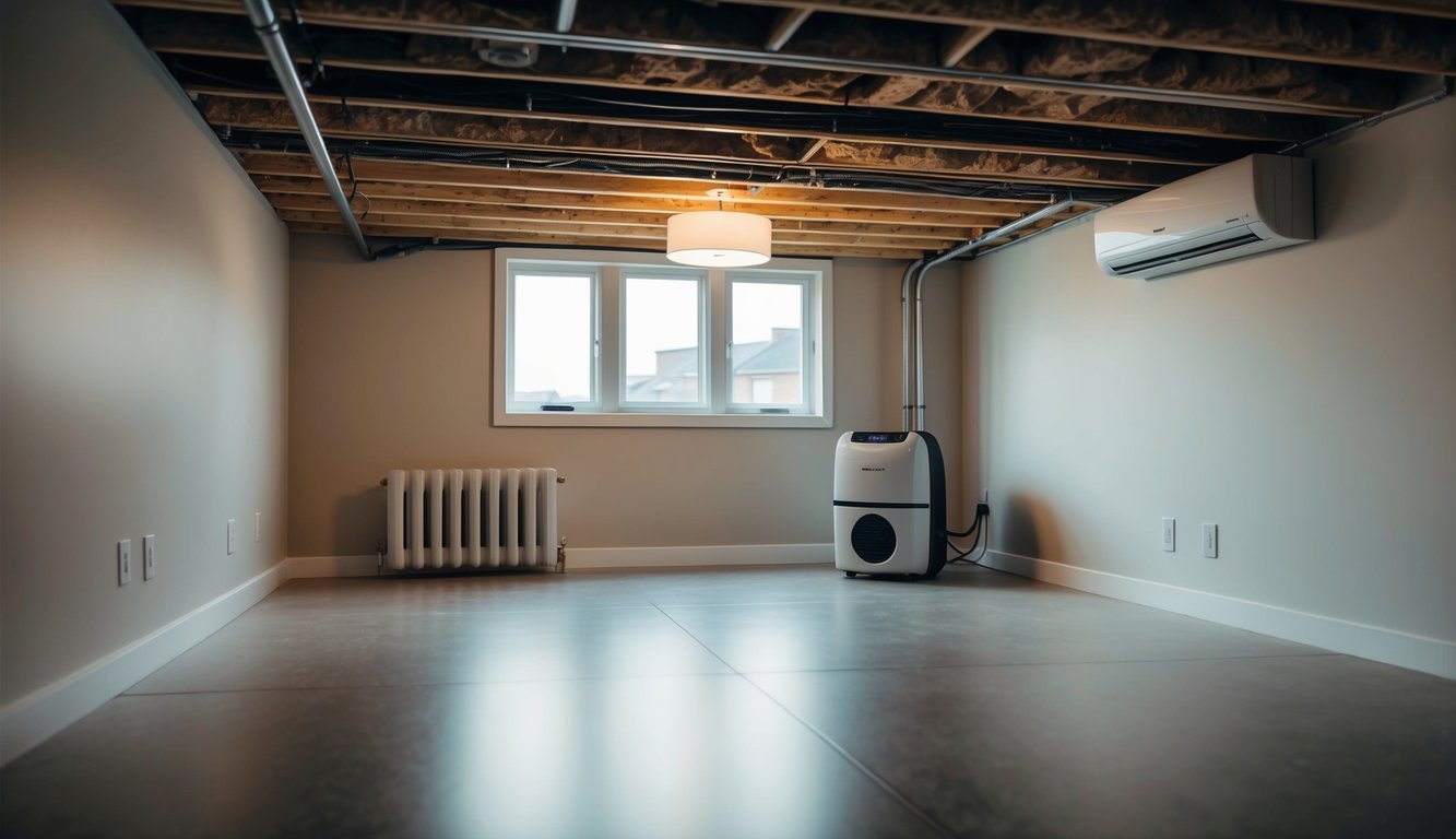 A cozy basement in Paris, Ontario with updated insulation, LED lighting, and energy-efficient windows. A dehumidifier and proper ventilation contribute to a comfortable and eco-friendly space