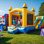 Children playing in a colorful bouncy house outdoors with adults socializing nearby at a festive party with various party rentals.
