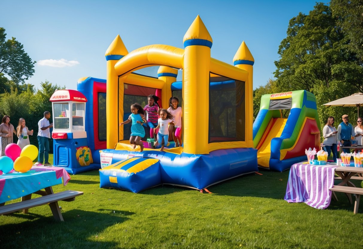 Children playing in a colorful bouncy house outdoors with adults socializing nearby at a festive party with various party rentals.