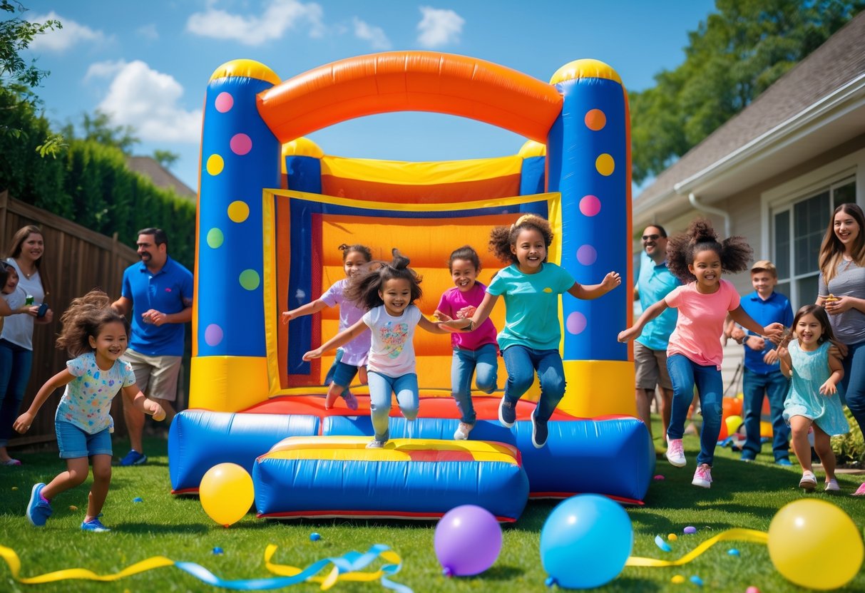 Children playing and jumping inside a large inflatable bounce house at an outdoor birthday party with decorations and adults watching nearby.