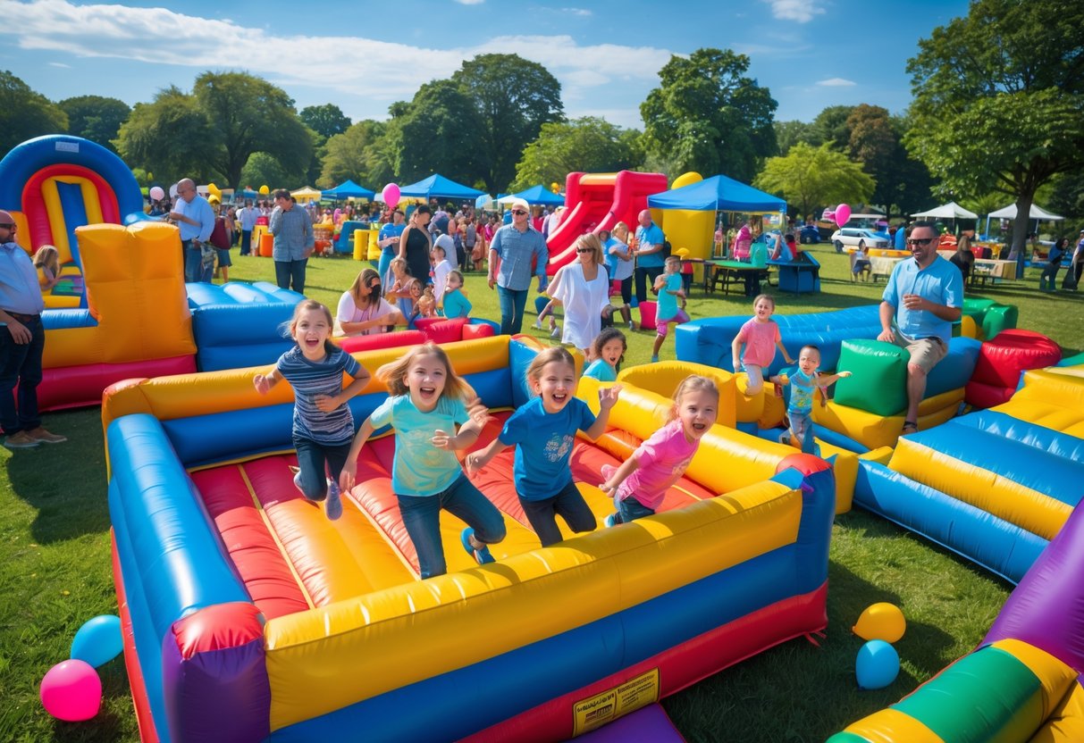 A community festival with adults socializing while children play energetically in colorful bounce houses and inflatable party rentals in a park.