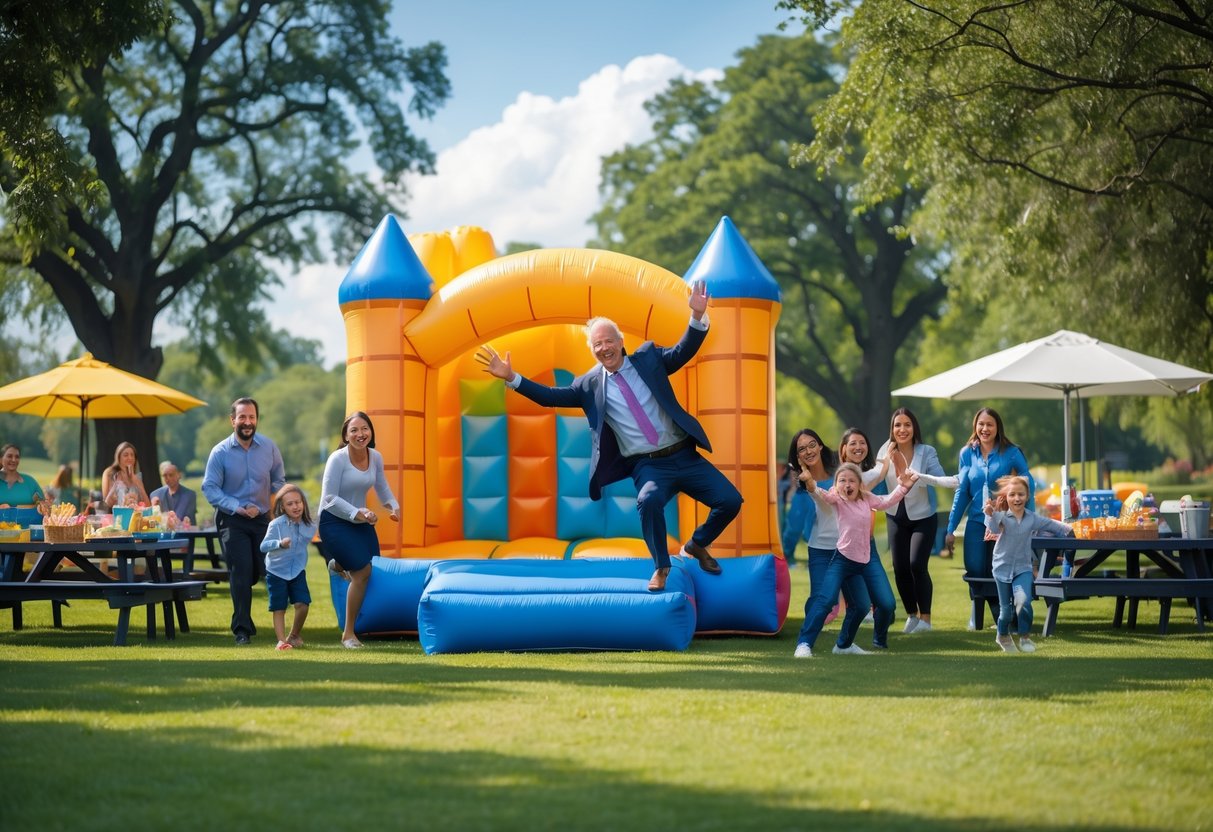 A group of employees and their families enjoying a corporate outdoor event with children playing on a colorful inflatable bouncy house while a man in business casual clothes tries to climb it and others laugh and cheer.