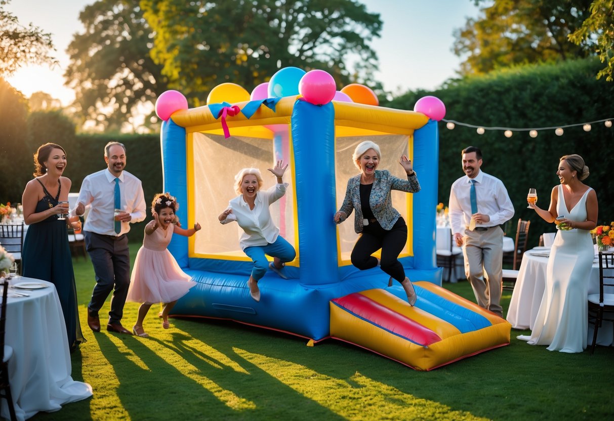 Guests at an outdoor wedding reception watch a woman jumping inside a colorful bounce house, surrounded by festive decorations and smiling people.