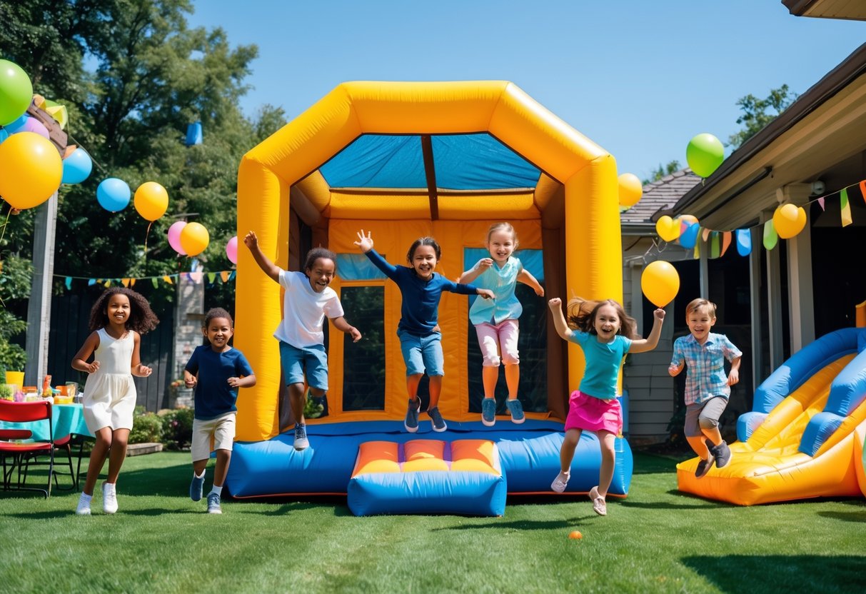 Children playing and bouncing in a colorful bouncy house at an outdoor party with adults watching nearby.