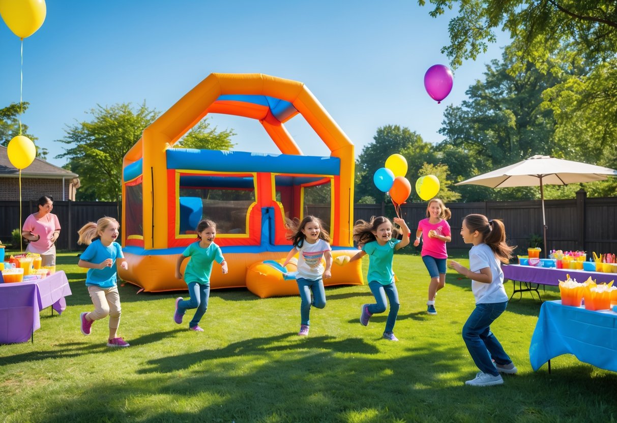 Children playing in a colorful bouncy house outdoors while adults watch nearby at a lively party with balloons and tables of snacks.