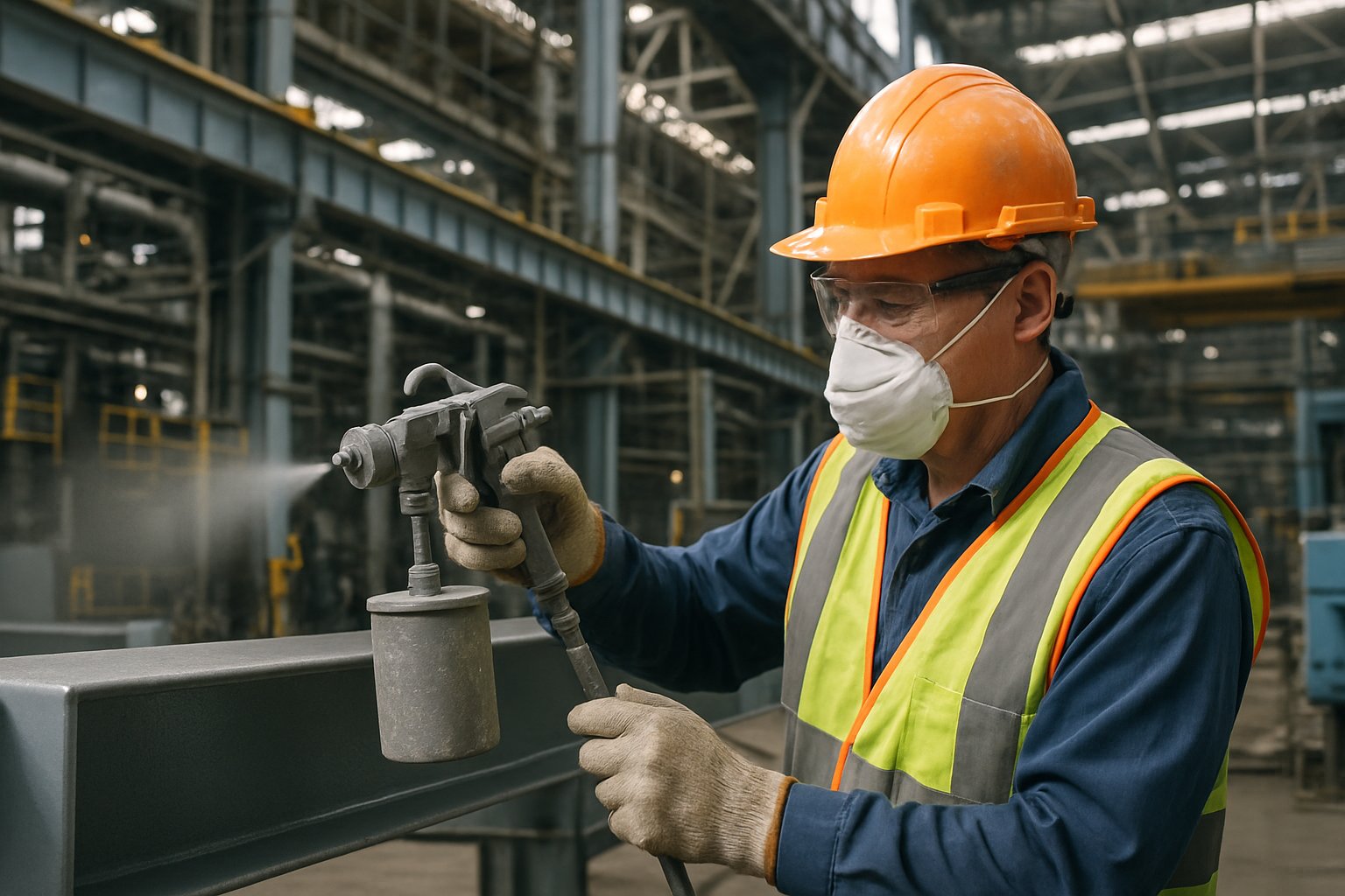 A worker wearing safety gear spray painting a large metal structure in an industrial setting with steel beams and machinery.