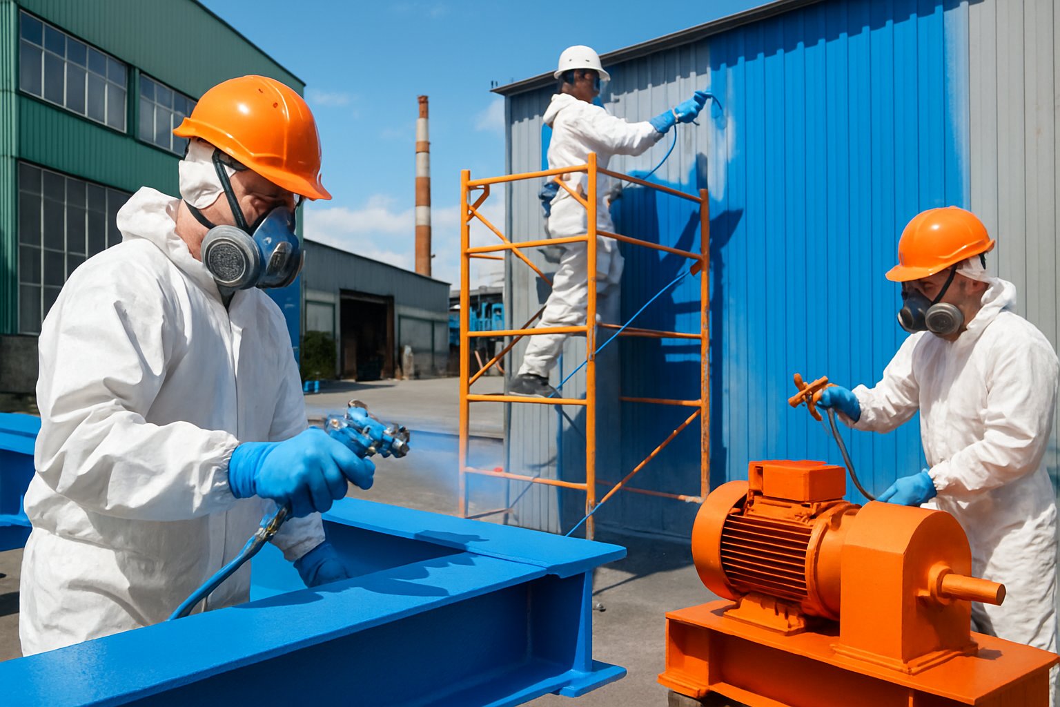 Workers in protective gear painting large industrial structures at an outdoor industrial site.