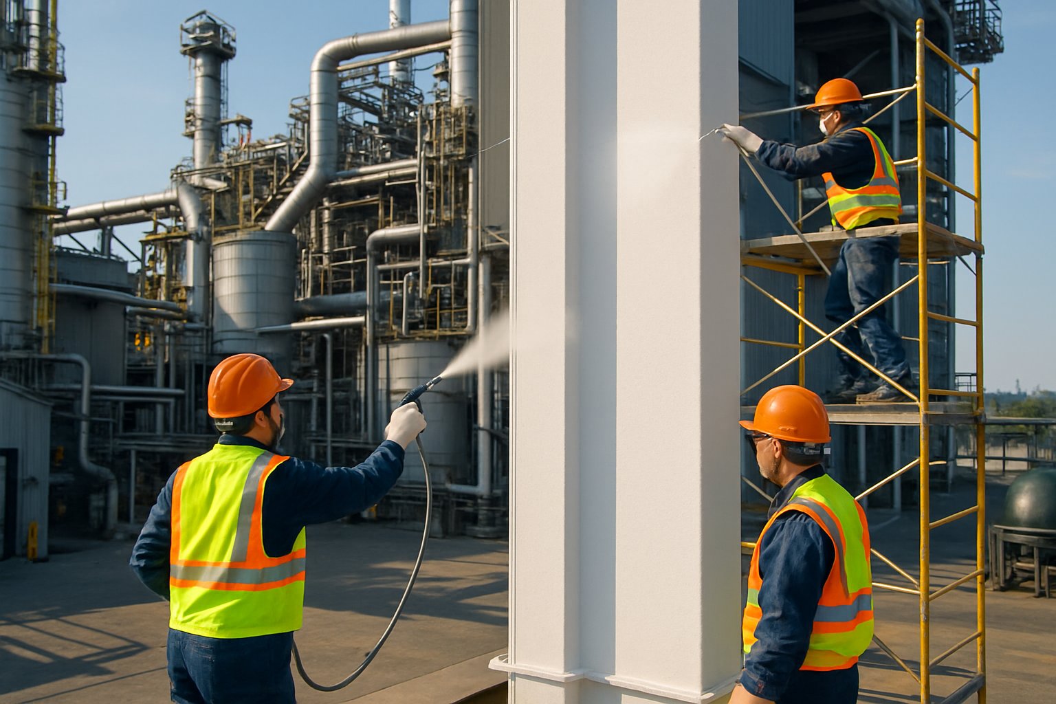 Workers in safety gear painting large industrial structures at a facility in Southern Ontario.